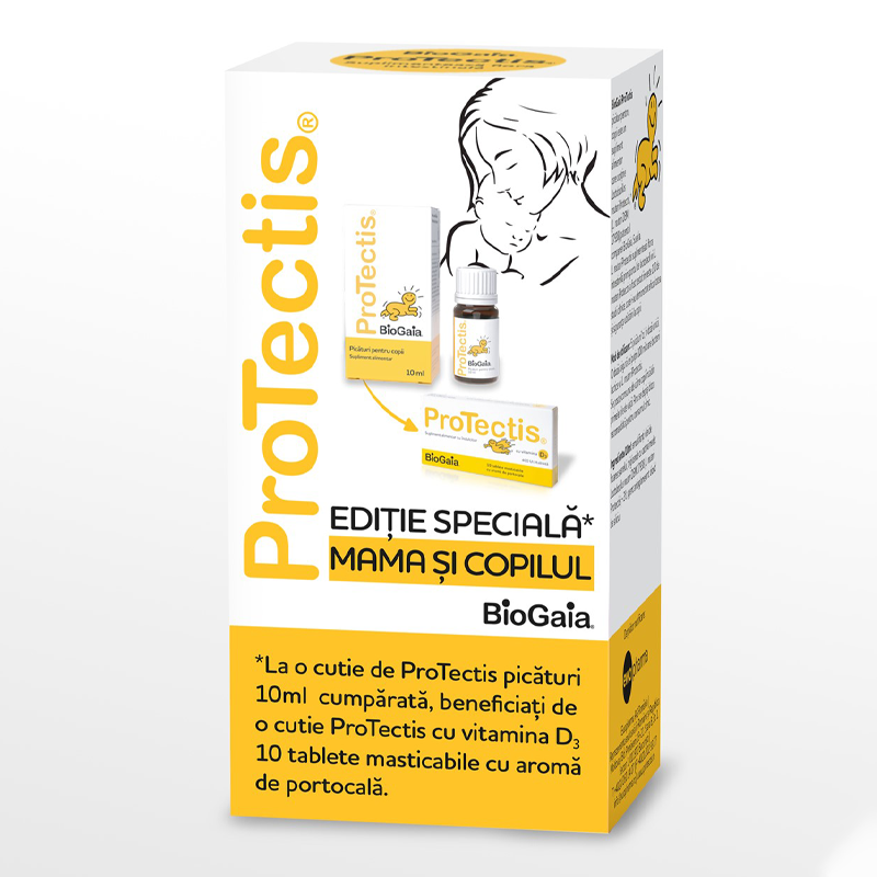Pachet Protectis picaturi, 10 ml + Protectis cu vitamina D3, 10 tablete masticabile, BioGaia